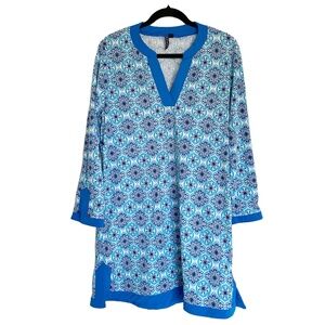 AQUA ET SOL Swim Coverup Blue Tile Print Tunic Dress Size Large UPF 50+